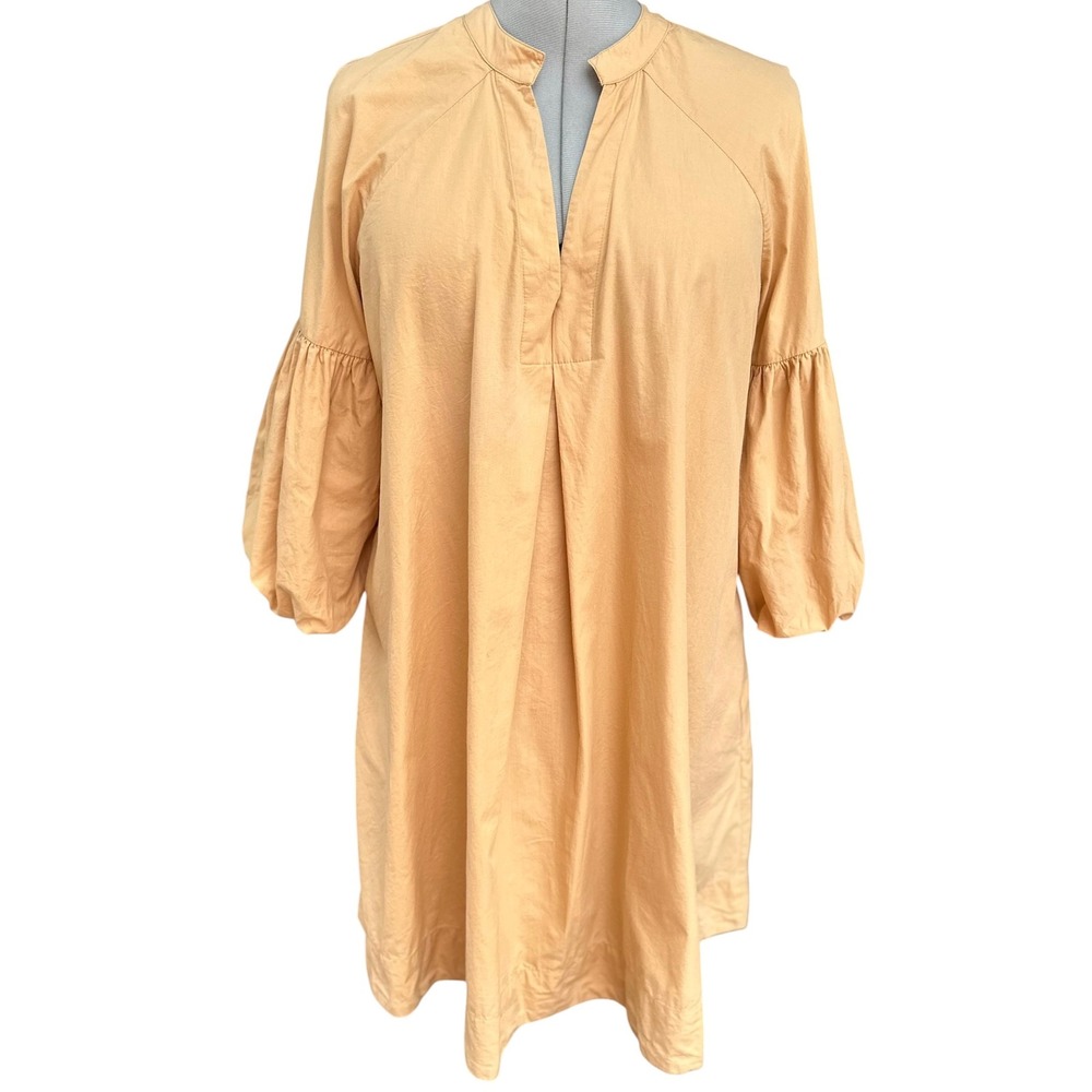 Navybleu Tan 100% Cotton Puff Sleeve Tunic Dress Size L Camel Boho Pockets
